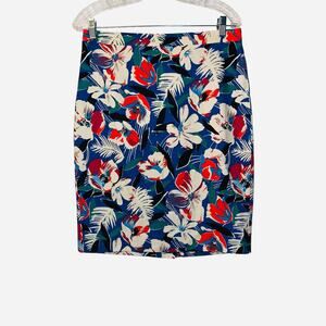 J Crew Basket Weave Cotton Blue Floral Pencil Womens 6 Skirt